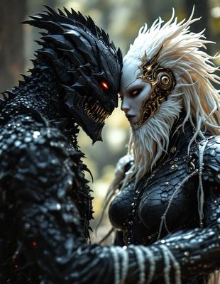 The primary subject of the image is a couple of monsters, one with a black and green body and the other with a white and black body. They are standing close to each other, with their faces touching. The setting appears to be a dark, possibly futuristic environment. The visual style of the image is digital art, as it is a detailed and intricate illustration. The dominant colors in the image are black, white, and gray, creating a moody and mysterious atmosphere.